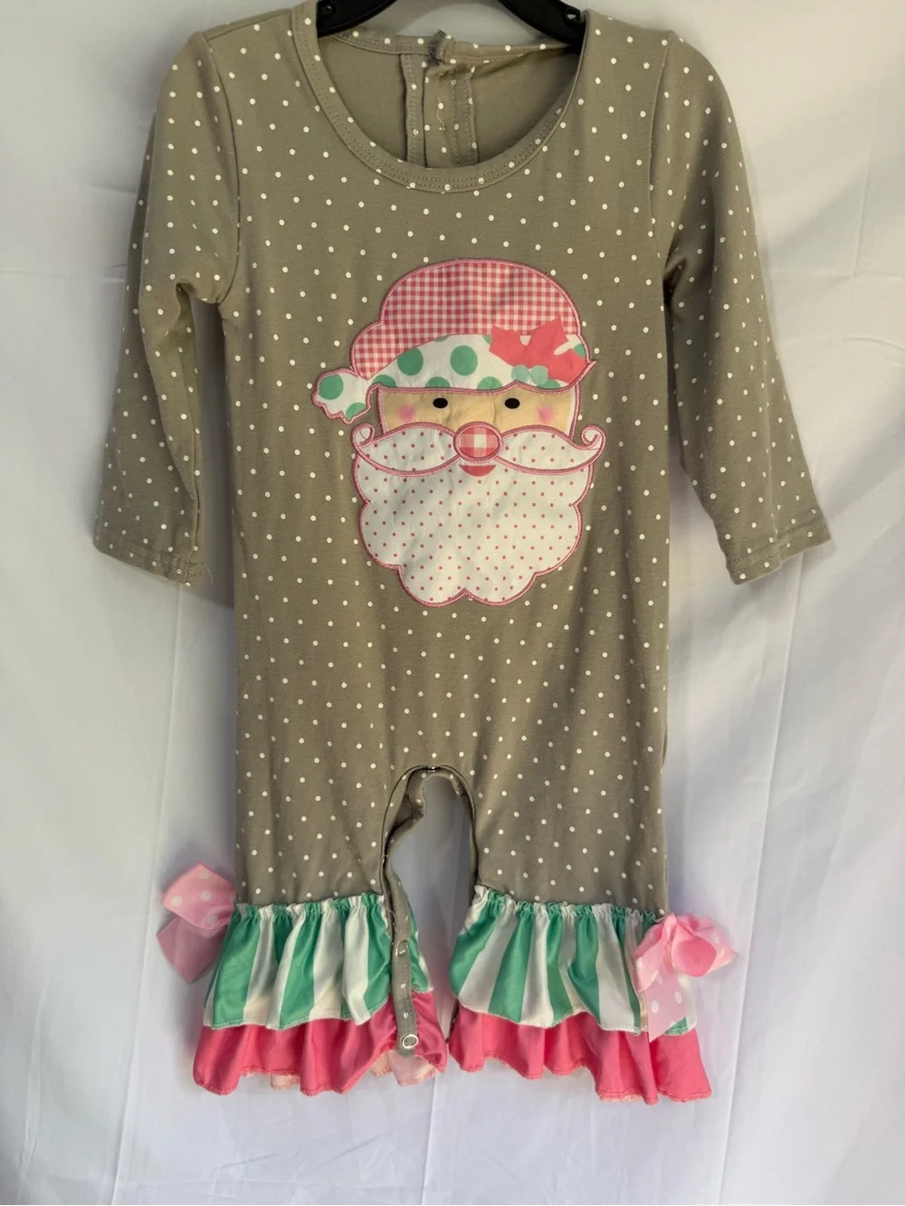Girls Gray Polka Dot Santa Ruffle One-Piece Romper - Pink & Mint Accents